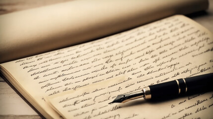 
Fountain pen and old sheets of paper with handwritten inscriptions on a wooden table, in retro tones - Powered by Adobe