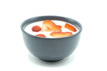 Yogurt with strawberry  isolated on white background