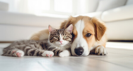 A cute dog and a lovely kitten cuddling and sleeping together on the floor in a clean and modern living room. Created using Generative AI.	