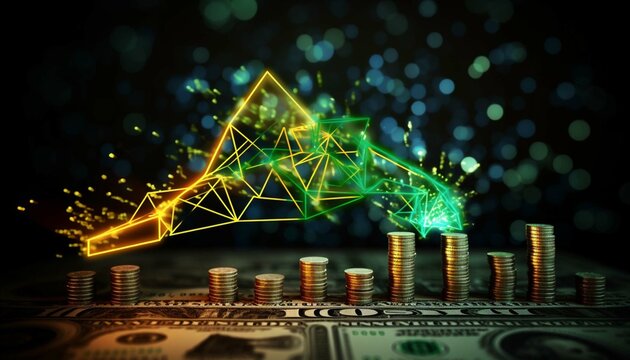 Market graph, profit digital graph. Coins with light effect