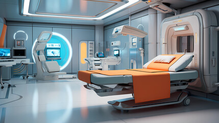 modern healthcare interiors, nurses, doctors, architectural awards, full, beds, modern high tech medical equipment, muted colors, orange, cyan accents, minimalistic, insanely detailed, spacious, sense