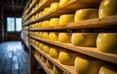 Heads of cheese in wax ripen on wooden shelves in cheese factory. Generative AI