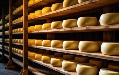 Heads of cheese in wax ripen on wooden shelves in cheese factory. Generative AI