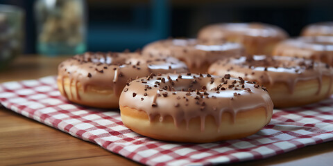 Glazed and chocolate chip donuts on kitchen table, checkered cloth napkin