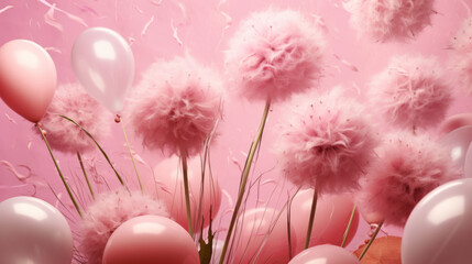 Festive background with pink balloons and fluffy flowers. 