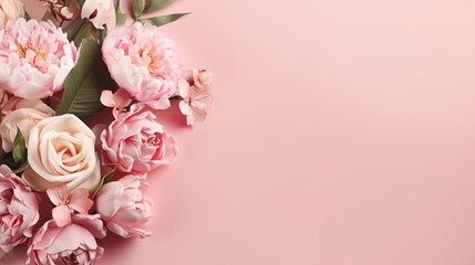 Flowers composition. Frame made of peony flowers on pastel pink background. Flat lay, top view, copy space