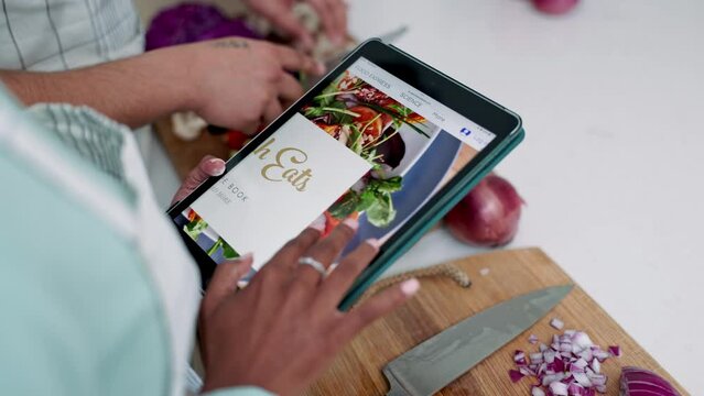 Tablet, hands and scroll online recipe on food website for cooking and mobile app in kitchen of home. Web design, social media blog and creative research for ideas, nutrition plan or expert menu