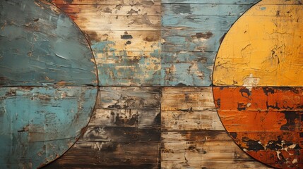 Cracked paint on vintage wooden background with circles. Yellow, blue, brown and red interior wallpaper 