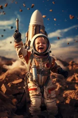 Tuinposter Happy child astronaut playing with a rocket © Guido Amrein