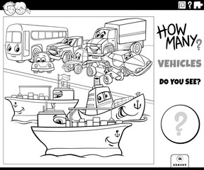 Obraz premium counting cartoon transportation vehicles educational activity coloring page