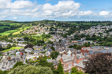 An aerial view of the town and countryside around Launceston, Cornwall, UK