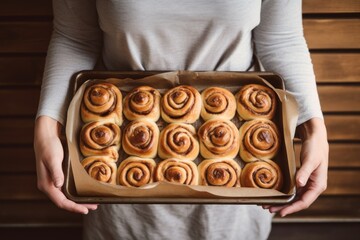 Close-up woman hands holding homemade cinnamon rolls on a baking sheet, home bakery top view