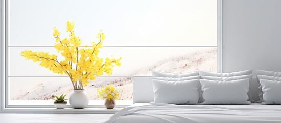 Mimosa flowers placed in a vase near a window in a contemporary bedroom setting