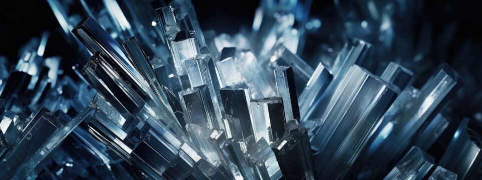 close-up of beautifully 3D rendered gallium crystals, abstract blue background with reflection, polygon formation, luxurious mineral wallpaper, AI