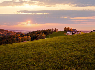 Peaceful autumn sunrise rural view, Gmundnerberg, Altmunster am Traunsee, Upper Austria.