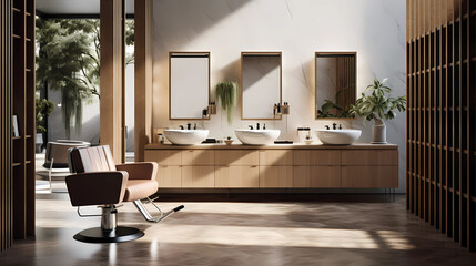 Fototapeta premium Aujourd’hui à 20:02 hair dresser, modern design, interior design, light oak wood cladding, light emprador marble cladding with grooves, barber counter mirrior station, light flooring, black mirror, m