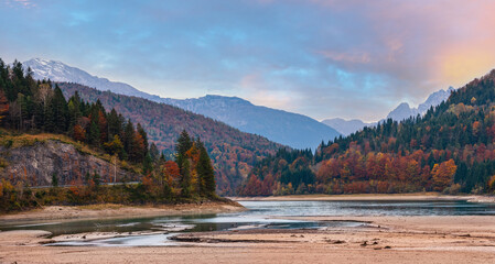 Autumn Alps mountain lake Wiestalstausee view, Salzkammergut, Upper Austria.