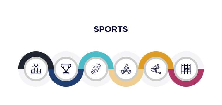 Podium With Cup, Golf Champion, Boxer With Belt, Man Riding Bike, Skiing Down Hill, Running Track Outline Icons. Editable Vector From Sports Concept. Infographic Template.