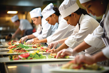 Team of professional chefs preparing food in the kitchen of a restaurant or hotel