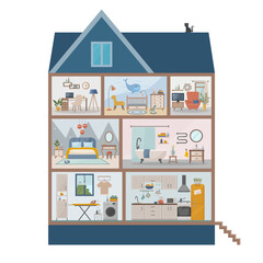 Dollhouse. Section of the house. Detailed interiors with furniture and decor.Set of rooms with furniture. Section with bedroom, living room, kitchen, dining room, bathroom, children's room. 