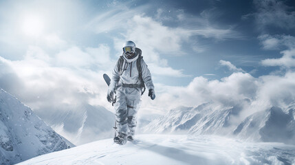 Tourist climber walks through the snow at the top of the mountains landscape.