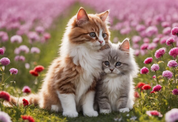 Naklejka na ściany i meble Couple cute and adorable little fluffy cat meadow. Generative AI