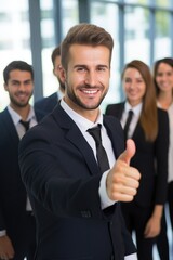 Business man showing thumbs up sign in front of business team. Generative AI
