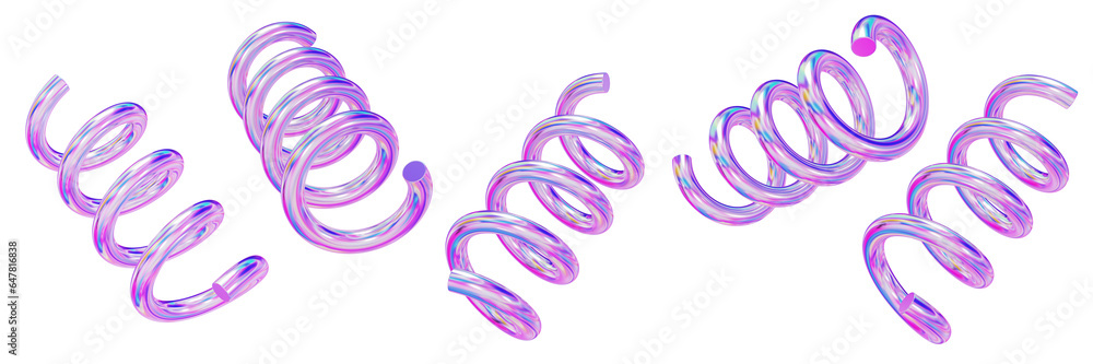 Poster 3d set of holographic geometric shape spiral. metal simple figure for your design on isolated backgr