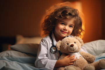 Cute little girl playing doctor with teddy bear