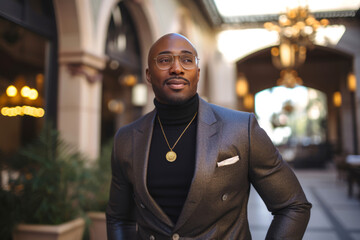 An African American man business executive exudes confidence as he stands outside a luxury hotel, impeccably dressed. His style speaks volumes about his elite lifestyle and wealth. - obrazy, fototapety, plakaty