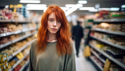 A young woman with red hair navigates the aisles of a grocery store alone, subtly embodying the characteristics of social anxiety and introversion, representing the Gen Z experience.