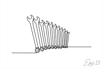 Continuous line art drawing of wrench set