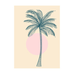 Palm tree on a beach graphic illustration, Palm tree vector, Palm tree poster design, background, card illustration
