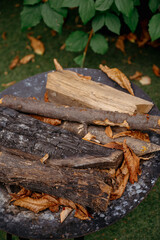 Logs, natural wood texture. A pile of chopped logs of firewood for the fire. Ancients prepared for barbecue