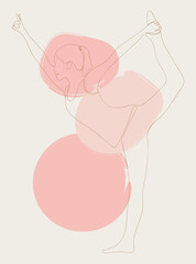 Minimalist poster of yoga. Continuous Line art poster, yoga pose, woman doing yoga on colored spots. Boho continuous line yoga exercise art print. 