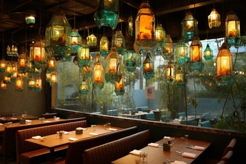 Fototapeta na wymiar View of restaurant decor. Generative AI