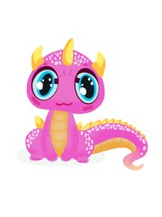 Super cute Pink little baby dragon with big black eyes. Fantasy monster. Small Funny Cartoon character. Fairy tale. Isolated on black background. Full body. 3d vector illustration for children
