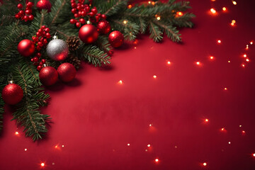 Fototapeta na wymiar Christmas background with fir tree and ornament elemetns decorations. Top view with copy space