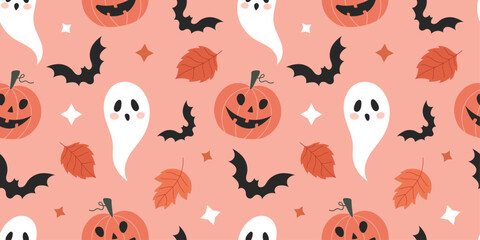 Obraz na płótnie Canvas Seamless pattern with pumpkins, bats, autumn leaves and ghosts for Halloween