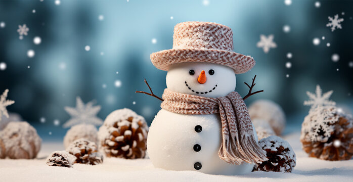 Festive New Year's snowman, Christmas background postcard - AI generated image