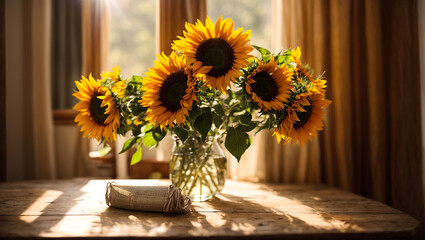 Vase with sunflowers on the background of a window, sun rays