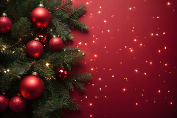 Christmas background with fir tree and ornament elemetns decorations. Top view with copy space
