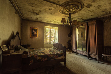 19th 20th century sleeping room in an abandoned house in original state