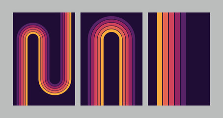 Retro groovy rainbow color striped background set. Vintage hippy style various abstract iridescent stripes. Trendy minimalistic y2k colourful artwork posters