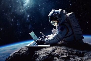 An astronaut works on his laptop in space - obrazy, fototapety, plakaty