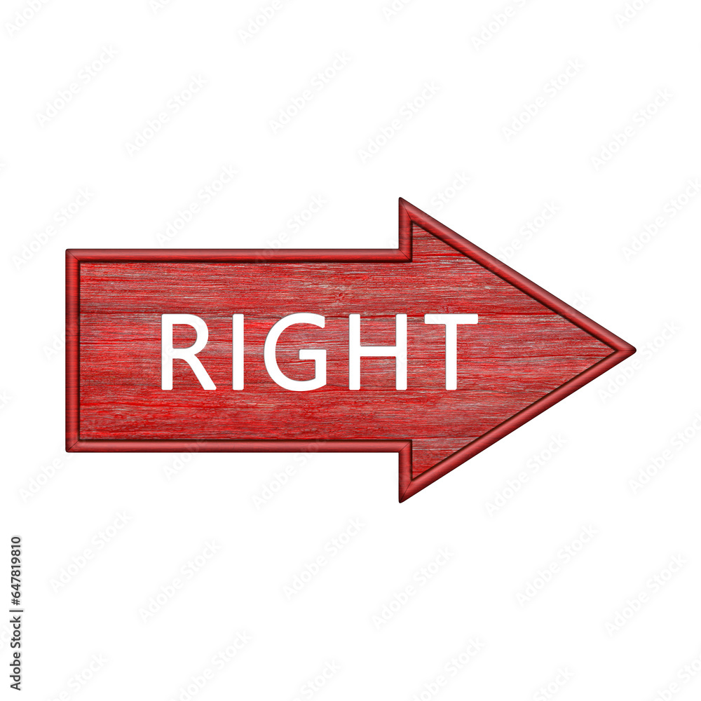 Poster red arrow. arrow pointer to the right with the inscription right. wooden pointer in the shape of an 