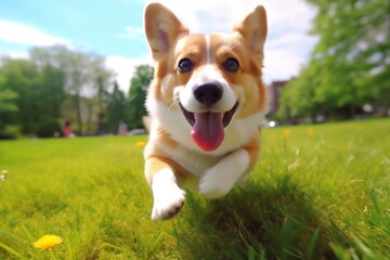 Active healthy Welsh Corgi dog running with open mouth sticking out tongue on the grass on a bright day