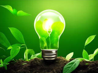 A green light bulb on a green background. green energy. Renewable energy sources are important for the world. AI Generated - 647820438
