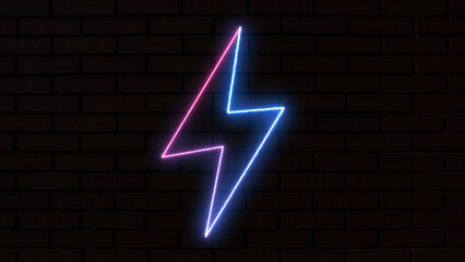Neon lightning bolt, glowing sign. Blue and purple neon light icon isolated in black background....