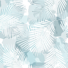 Palm Leaves Pattern. Watercolor Palm leaves seamless vector background, blue jungle print textured